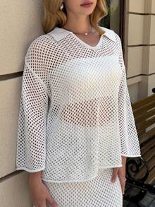 女士白色针织罩衫，镂空设计，夏季沙滩装，日常百搭 - 白色 - 查看 5