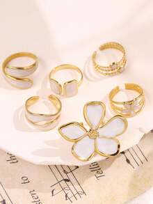 6pcs/Set Vintage Unique Delicate Luxurious Elegant Versatile Creative Asymmetrical Geometric White Enamel Flower Ring Set, Suitable For Daily Wear, Festivals, Parties, Gift For Mom, Wife - Multicolor - View 7