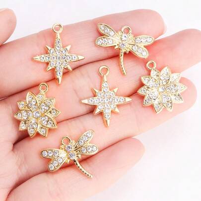 10pcs High Quality Rhinestone Heart, Dragonfly, Flower, Star Shaped Alloy Pendants For Women Earrings, Bracelets, Necklaces, Keychains, Jewelry DIY