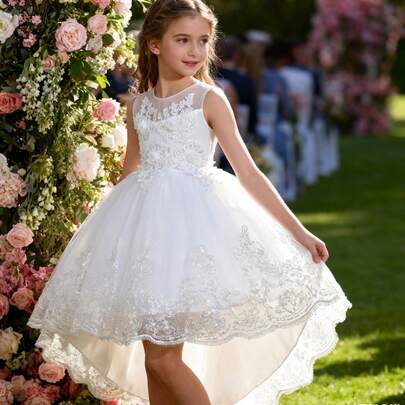 女童无袖网眼拖尾公主裙礼服选美礼服儿童大号