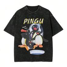 Washed T Shirts Noot Noot Pingu T-Shirt Oversize Penguin Cartoon Streetwear Short Sleeve Printed Tops Tee Shirt - màu đen - Xem 6