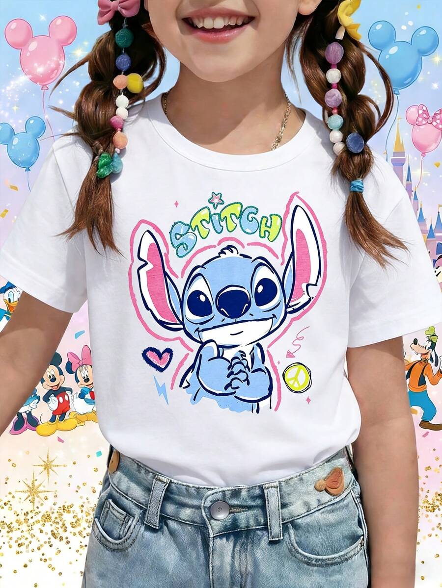 Disney DIS Lilo And Stitch Cute Star Heart Doodle Printed Pattern T-Shirts For Girls - Children's Clothing Design Short-Sleeved Casual And Cute Style Comfortable And Casual Wear All Year Round Suitable For Parties And Play Machine Washable Gift Children's Clothing Girls' Short-Sleeved Shirts - White - View 1