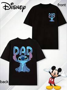 Disney Gift Selection Officially Licensed Cotton Lilo & Stitch DAD Letter Print Short Sleeve T-Shirt, Men's Y2K Street Style Loose Top, American Retro Cartoon Graphic Tees - 黑色 - 查看 4