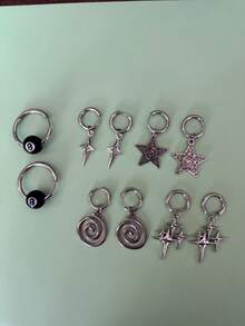 2只不锈钢螺旋星形耳环，别致迷人的黑色8环耳环，男女皆宜的哥特朋克Y2K风格首饰 - 復古銀色 - 查看 7