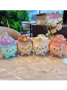 BENNY 1000ml Cute Bear Shaped Kids Water Bottle,Dual Lids (Straw & Sip), Detachable Strap &Handle, Leakproof | Eid Gift, Ramadan Special, Back To School, Christmas, Birthday Present For Boys Girls - Multicolor - View 9