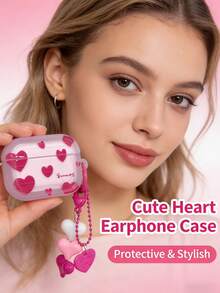 Pink Heart Element Soft Thick Bluetooth Earphone Case Heart-Patterned Heart-Shaped Frame Design Compatible With Airpods Pro 3/ 4, 3, 1/2, Pro, Pro 2 Bluetooth Earphone Case Protective Cover Spring Birthday Gift Party Case - Multicolor - View 1