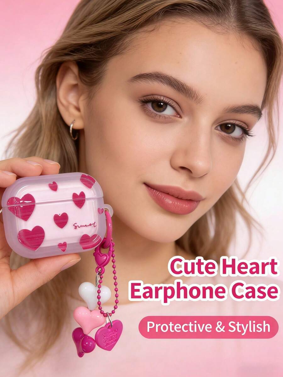 Pink Heart Element Soft Thick Bluetooth Earphone Case Heart-Patterned Heart-Shaped Frame Design Compatible With Airpods Pro 3/ 4, 3, 1/2, Pro, Pro 2 Bluetooth Earphone Case Protective Cover Spring Birthday Gift Party Case - Multicolor - View 1