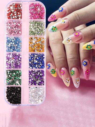 12-Piece Flat-Bottomed Nail Polish With Glittering AB Water Droplets And Glass Crystals For Nail Decoration, Dazzling And Shiny. Nail Art Accessories With Crystals.