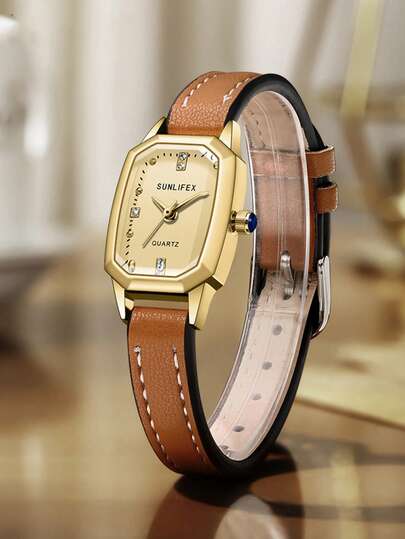 1 chiếc đồng hồ nữ thạch anh sang trọng, thanh lịch, mặt số bát giác độc đáo, vỏ mạ vàng, chất liệu hợp kim cao cấp, phong cách thời trang cổ điển, tối giản tinh tế, hoàn hảo cho trang phục thường ngày, đi làm, dự tiệc, đám cưới, các buổi họp mặt Ramadan và nhiều dịp khác.