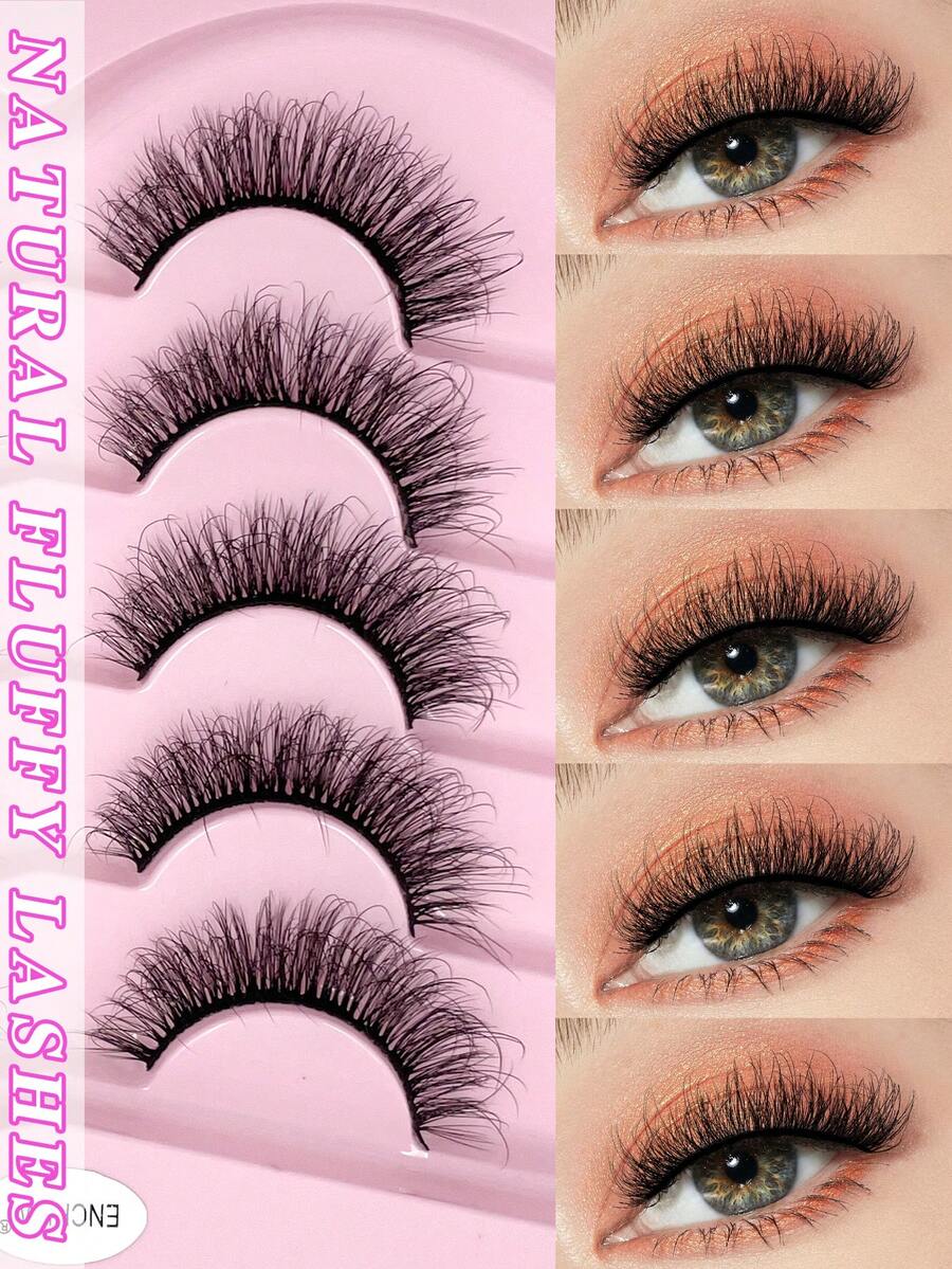 ENCHUW 5 Pairs Of Natural False Eyelashes Natural Look Soft And Fluffy Eyelashes 3D Curling DIY At Home Suitable For Daily Outings, Dates, And Party Use - Black - View 1
