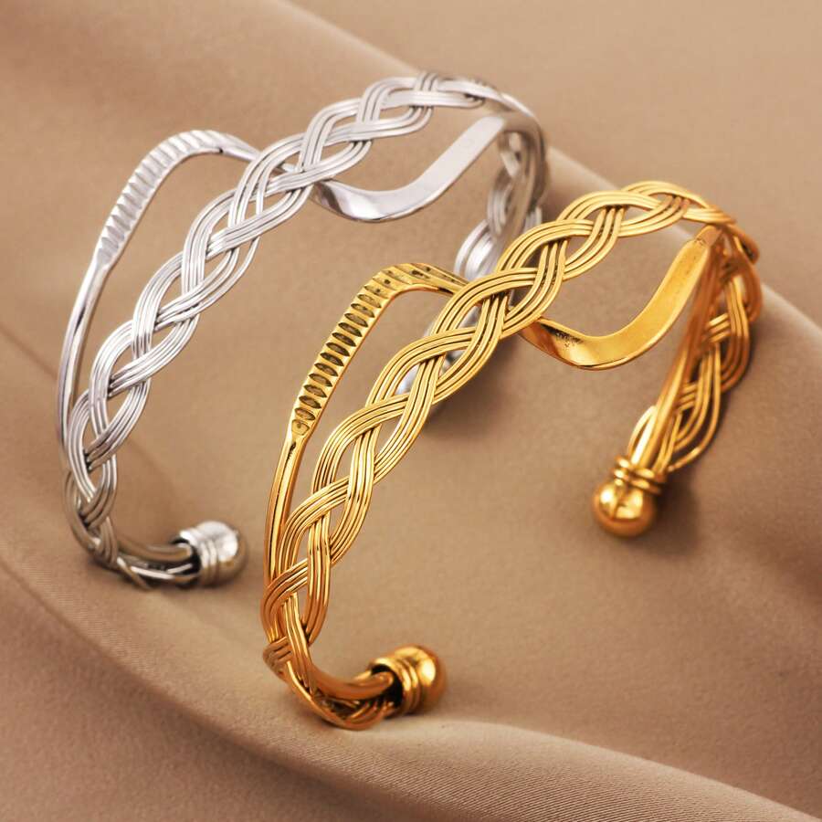 Brazalete de bangle con diseño retorcido chapado en oro de 18K, joyería de uso diario elegante y versátil para mujeres - pulsera - Ver 1
