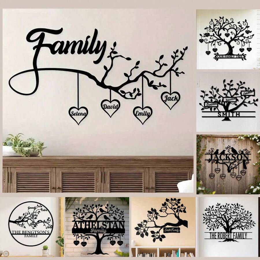1pc Customized Family Tree Metal Wall Art - Personalized Name And Birth Date, Heart Leaf Design, Easy To Hang, Great For Wedding, Christmas, Valentine's Day, Mother's Day Gift, Home Decor - Multicolor - View 1
