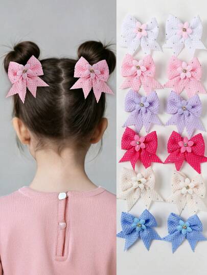 6pcs/Set Girls' Pink & Multi-Color Rhinestone Fabric Flower Bow Hair Clips, Cute & Sweet Hair Accessories For Daily Use