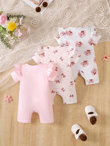 BrownBark 3pcs Baby Girls Summer Casual Cute Fresh Outfit Set, Romper, Bear & Bow Pattern, Newborn Baby Girl Bodysuit - Multicolor - View 2