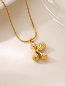 MECYLIFE 1件装时尚不锈钢26字母吊坠项链，镶嵌珍珠，女士项链 - 珍珠字母 - 查看 6