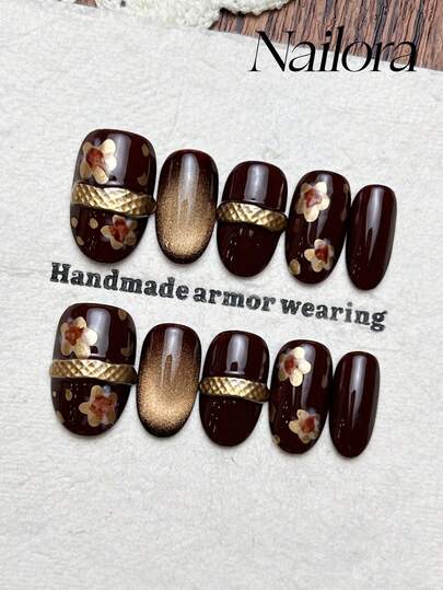 10pcs Handmade Nails Oval Nails Acrylic Press On Nails Short Nails, Luxury Brown Nails, Flashy Cateye, Handpainted Gold Floral Flower Cherry Blossom Leaves Ring, Simple Elegant Luxury Spring Nails, Minimalist Aesthetic Summer Press On Nail, Versatile Nails DIY False Nail Art Party Daily & Dating Suitable Use In Work Setting Reusable, For Women & Girls As Gift Nail Supplies