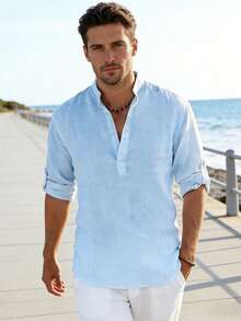 Men's Cotton Linen Long-Sleeved Shirt - Blue - View 2