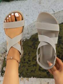 Women's Summer New Elegant & Comfortable Striped Elastic Band Beach Holiday Flat Sandals, Plus Size - Beige - View 1