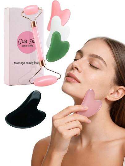 2Pcs Set Facial Beauty Massage Set, ABS Resin Material Double Head Roller Massage, Triangle Scraping Board, Soft Silicone Ice Mold, Body Gua Sha Massage Tools Set