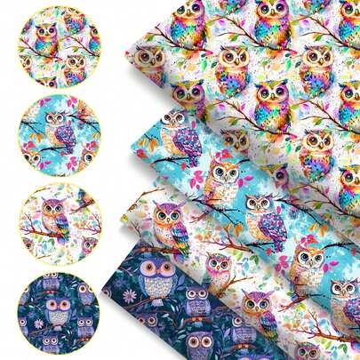 Bộ 4 mảnh vải họa tiết cú mèo theo mùa, kích thước 17.7x19.7 inch/7.87x7.87 inch, chất liệu polyester, thích hợp cho may vá, đồ thủ công DIY, may chăn và may vá, làm ví búp bê thủ công, vải thêu, làm ví DIY.