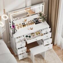 VOWNER 43" Vanity Desk With Large LED Lighted Mirror & Glass Top, 3 Color Lights & Adjustable, Come With Stool, Power Outlet, 9 Drawers For Storage, Bedroom Vanity Set For Girls Women, Halloween & Thanksgiving - 查看 1
