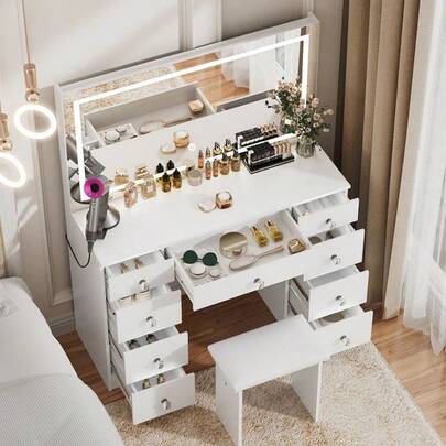 VOWNER 43" Vanity Desk With Large LED Lighted Mirror & Glass Top, 3 Color Lights & Adjustable, Come With Stool, Power Outlet, 9 Drawers For Storage, Bedroom Vanity Set For Girls Women, Halloween & Thanksgiving