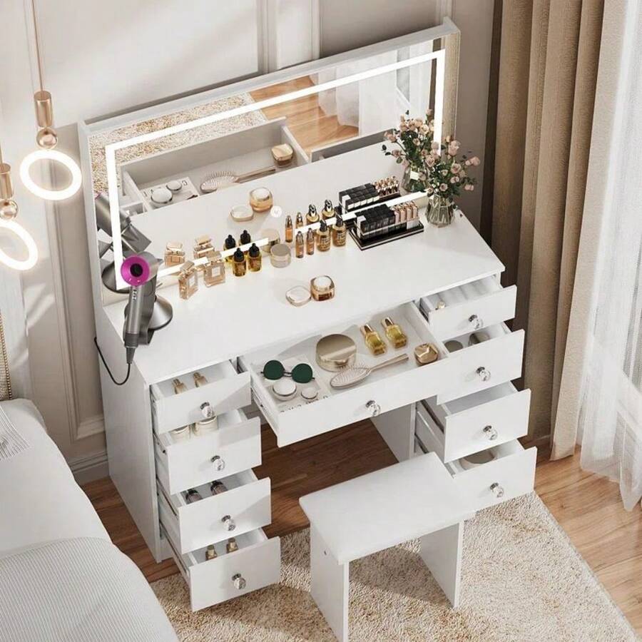 VOWNER 43" Vanity Desk With Large LED Lighted Mirror & Glass Top, 3 Color Lights & Adjustable, Come With Stool, Power Outlet, 9 Drawers For Storage, Bedroom Vanity Set For Girls Women, Halloween & Thanksgiving - 查看 1