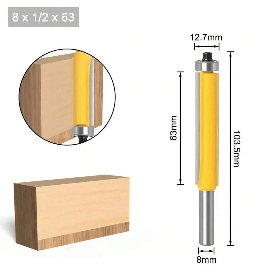1/4" Shank 8mm Long Blade Flush Fit Router Bit With Bearing For Wood Template Pattern Bit T6TT Tungsten Carbide Router Bit - 8x12.7x63 - 查看 1
