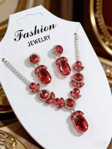 “绯红花园”锆石首饰套装，奢华复古红/绿锆石项链和耳环，适合搭配晚礼服 - 彩色 - 查看 6
