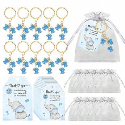 Baby Shower Party Favor Set: Elephant Keychain Decor, Comes With Thank You Card And Organza Bag, Suitable For Baby Shower, Gender Reveal Party, Holidays And Other Decorations