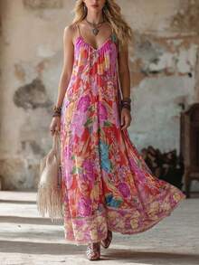 Vuslat 女士夏季休闲宽松 V 领碎花复活节连衣裙，巴厘岛海滩度假风波西米亚连衣裙，适合夏季度假、音乐节、假日穿着 - 玫瑰紅 - 查看 2
