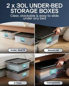 4 Pack 30L Underbed Storage Boxes With Lids |   Clear Plastic Storage Containers With Black Lids |   Stackable Storage Boxes For Home, Office, And Kitchen Organization - 2 - View 3