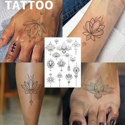 Delicate Lotus Temporary Tattoo Stickers - Herbal Temporary Tattoos, Waterproof Lotus Pattern, Long-Lasting Waterproof 1-2 Weeks, Suitable For Arm, Neck And Toe Decoration For Weddings, Music Festivals And Parties, Tattoo Accessories, Holiday Body Art, Skin Stickers, Semi-Permanent Tattoo-Like Non-Reflective Fake Tattoos For Women
