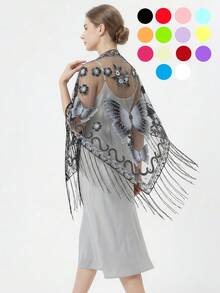 1pc Women's Lace Butterfly Rose Handmade Tassel Triangle Scarf, Fashionable And Elegant Ladies' Spring/Summer Versatile Floral Print Shawl, Lightweight Breathable Sunscreen Scarf/Headscarf - Multicolor - View 12