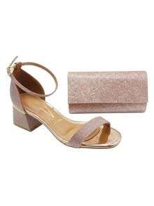 Vizzano Women's Sandal Kit - Low Heel, Block Heel, Chunky Heel, Closed Heel, Metallic, Glitter Strap, Elegant Party Shoes + Glitter Party Bag In Silver, Gold, And Rose Gold - Màu hồng gỉ - Xem 1