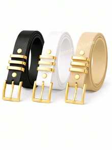 Set Of 3 Women's Belts With Square Buckle, Plus Size - negro, blanco, beige - Ver 4