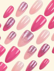 24pcs Press On Nails Medium French Nails Y2k Pink Nails Almond Glitter Pattern Simple Reusable Press On Acrylic Nails Fake Nails Supplies Free Of 24 Pieces Of Jelly Tabs And A Mini File - Pink - View 3