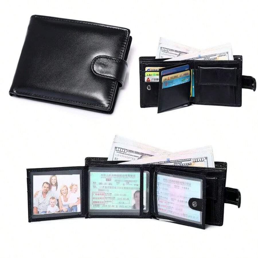 Cartera de cuero genuino con bloqueo RFID, portador de tarjetas multifuncional, cartera plegable triple con bolsillo con cremallera para monedas, adecuada para hombres y mujeres - Negro - Ver 1