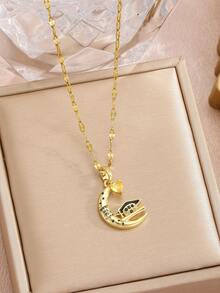 1pc Newly Designed Creative Unique Heart Moon Graduation Cap Design Stainless Steel Chain Necklace For Classmates Friends Kids Boys Girls Son Daughter Sister Brother Graduation Season Gift - Gold - View 3
