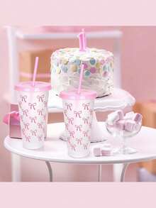 1 pieza Taza de plástico reutilizable con lazo rosa lindo, tapa y pajita, transparente, adecuada para café helado, agua, jugo, refresco, excelente para playa, boda, cumpleaños, vacaciones, Navidad, Halloween, fiesta, oficina, piscina, eventos, citas, actividades al aire libre, botella deportiva, botella de agua diaria y al aire libre (Nota: El producto puede tener algunos arañazos durante el transporte, pero no afecta su uso) - Multicolor - Ver 7
