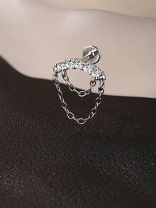 1Pc Dainty Edgy 925 Sterling Silver Chain Tassel Moissanite Pave Flat Back Threaded Cartilage Piercing Earring, Hypoallergenic Stud Jewelry Gift For Women Girls Daily Wear Party Wedding Season - Silver - View 3