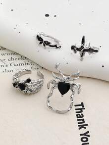 4pcs Vintage Dark Gothic Black Faux Gem Spider Rings, Personalized Goth Style Drip Oil Cross Butterfly Rhinestone Ring Set For Women - Silver - View 3