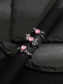 3pcs Dark Wing Pink Rhinestone Heart Bow Punk Style Fashion Ring Set For Women - Black - View 3