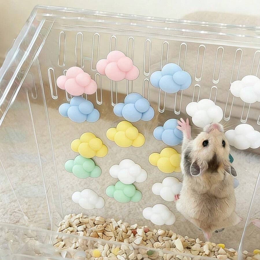 12 piezas Accesorios para jaula de hámster con forma de nube de colores, incluyendo plataforma de escalada y escalera - Diseño de múltiples capas adecuado para hámsters, lagartos, arañas y otras mascotas pequeñas, marco de escalada decorativo para terrario de vidrio, agregando diversión de escalada y escondite a la jaula - Ver 1
