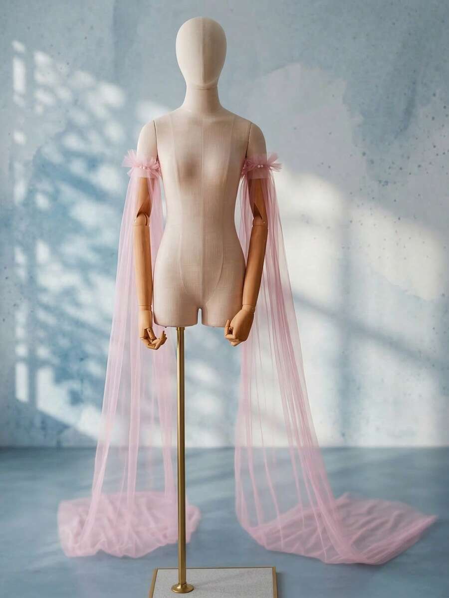 1 đôi khăn choàng dài màu hồng nhạt, phụ kiện váy cưới, váy dạ hội, tay áo có thể tháo rời.