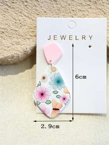 1对女士花卉蝴蝶印花浅粉色陶瓷质感优雅菱形亚克力耳环 - 彩色 - 查看 8