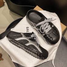 女士户外夏季拖鞋，镂空系带一体式透气防滑休闲时尚平底厚底凉鞋 - 黑色 - 查看 5