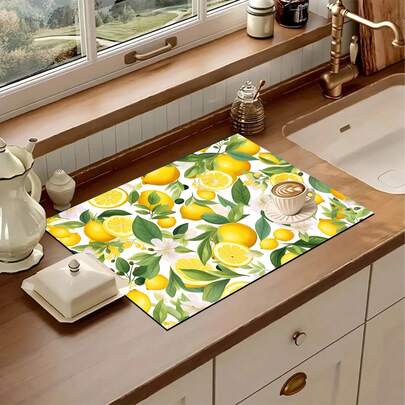 1件柠檬印花图案厨房橱柜台面碗碟沥水垫，超强吸水，有效遮盖污渍，橡胶底面，多用途，适用于咖啡机、碗碟架、厨房台面、咖啡壶垫