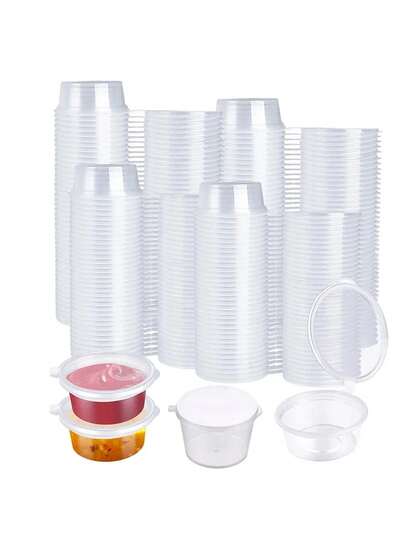 50pcs Reusable Plastic Food Storage Containers With Lids, 100ml Transparent Jars For Sauce, Soup, Condiment, Cream, Crafts, Passion Fruit, Dipping Sauce, Spice, Lemon Freezer