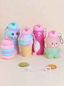 Cute Bear Collapsible Silicone Kids Water Bottle 600ml, Platinum, Foldable &5-Level Drop Resistant, Carabiner Clip, Leakproof | Gift, Festival Special, Back To School, Easter Basket, Christmas Stocking Stuffer For Boys Girls Toddler - Multicolor - View 6